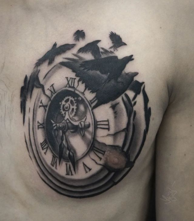 Black Broken Clock Tattoo on Chest