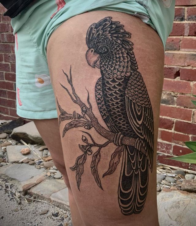Black Cockatoo Tattoo on Thigh