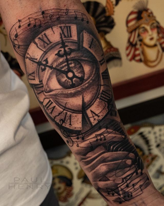 Music Broken Clock Tattoo on Arm