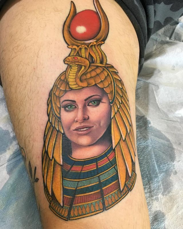 Beautiful Hathor Tattoo on Thigh