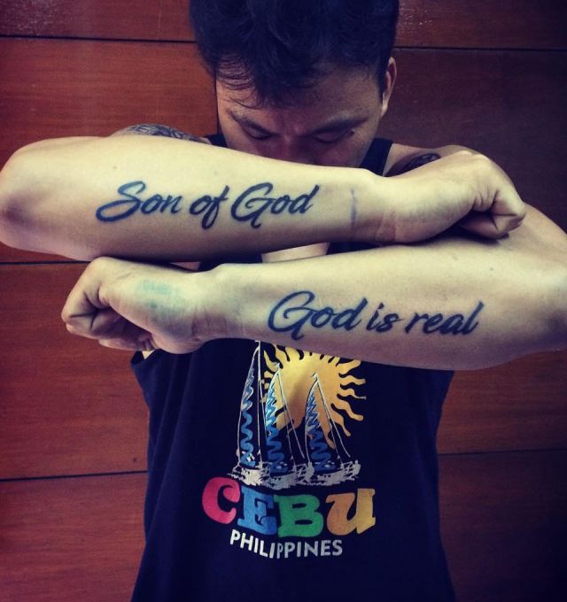 Elegant Son of God and God is real Tattoo on Forearm