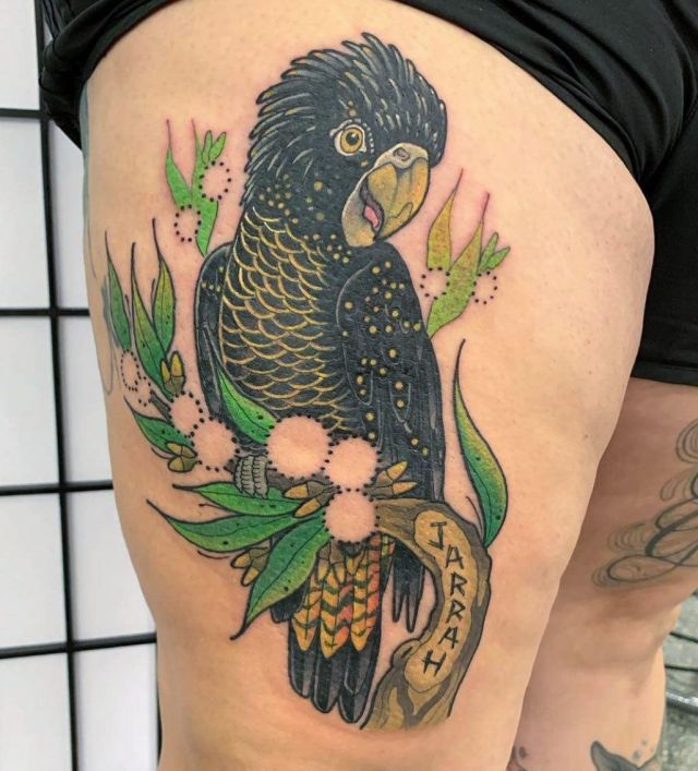 Black Cockatoo Tattoo on Thigh