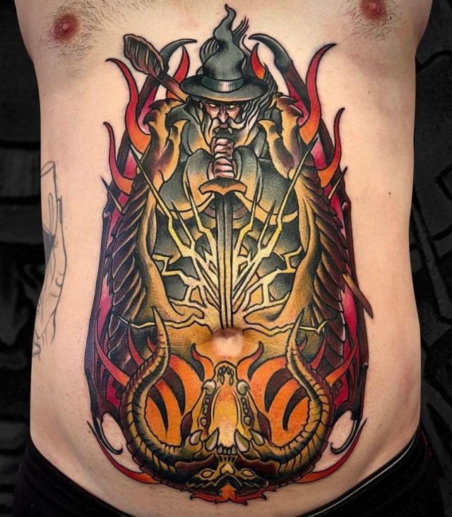 Colourful Gandalf Tattoo on Stomach