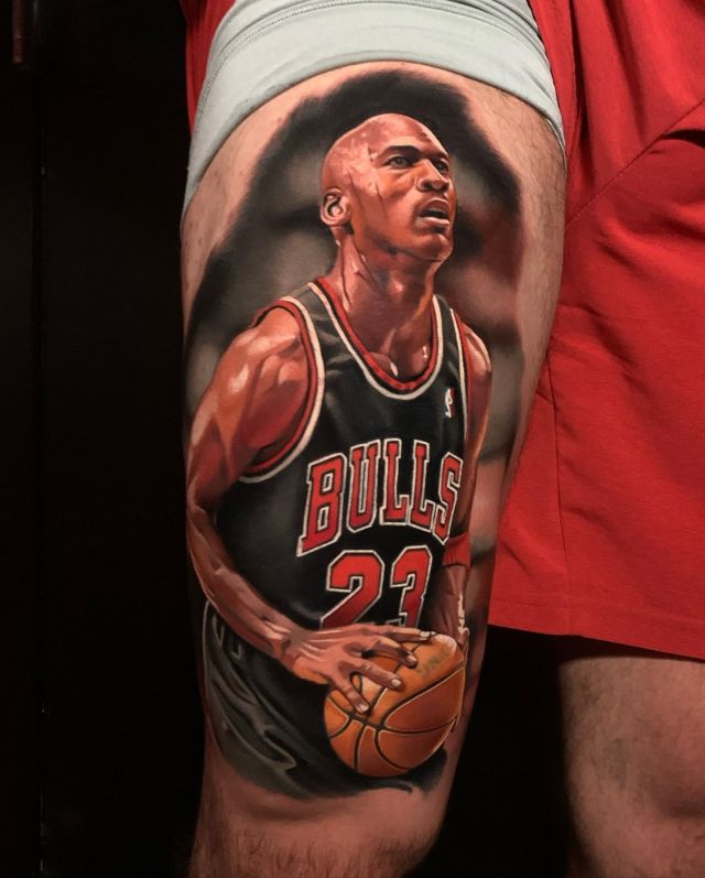 Realistic Michael Jordan Tattoo on Thigh
