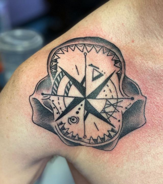 Compass Shark Jaw Tattoo on Shoulder