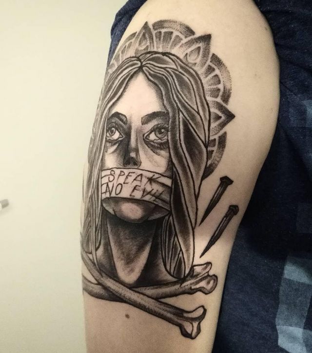 Girl Speak No Evil Tattoo on Upper Arm