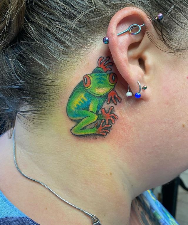 Unique Tree Frog Tattoo Behind the Ear