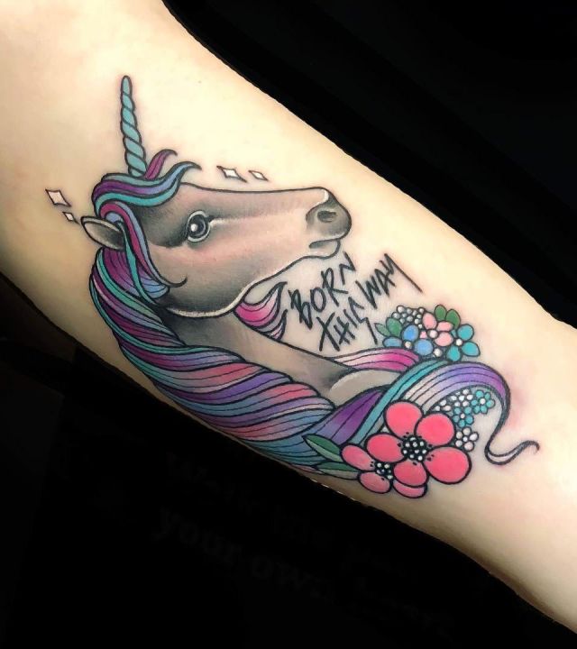 Unicorn and Born This Way Tattoo on Arm