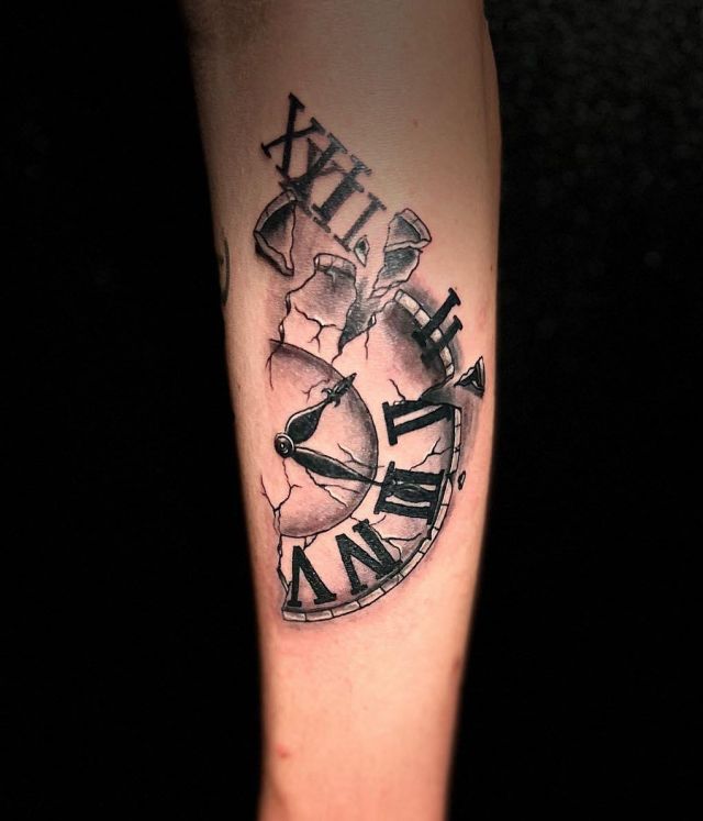 Half Broken Clock Tattoo on Forearm