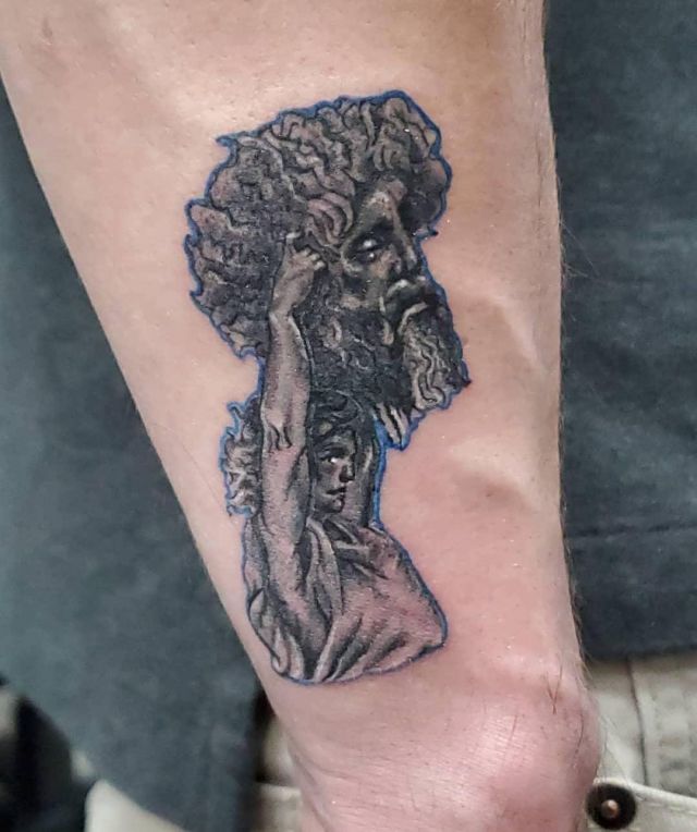 Unique David and Goliath Tattoo on Leg