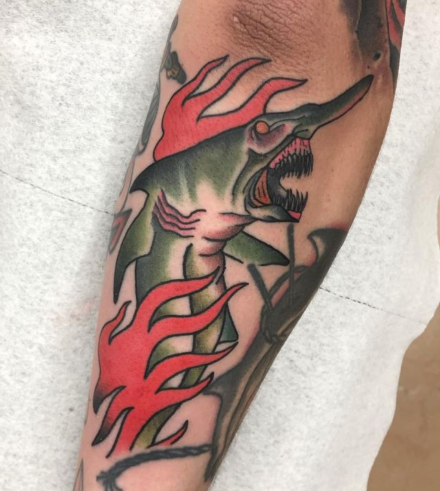 Angry Goblin Shark Tattoo on Leg