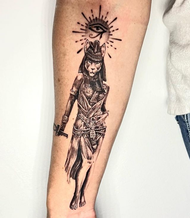 Unique Hathor Tattoo on Forearm