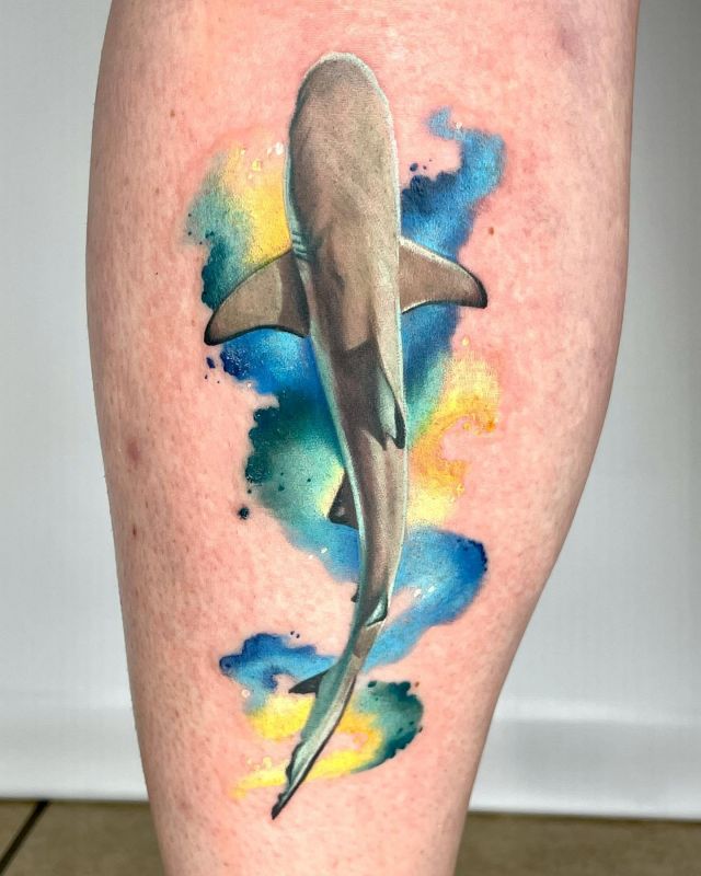 Watercolor Reef Shark Tattoo on Leg