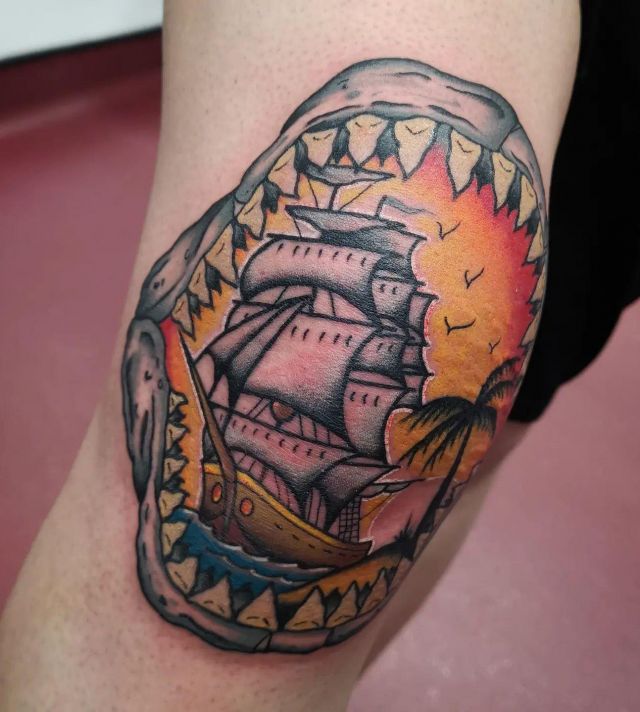 Sailboat Shark Jaw Tattoo on Arm