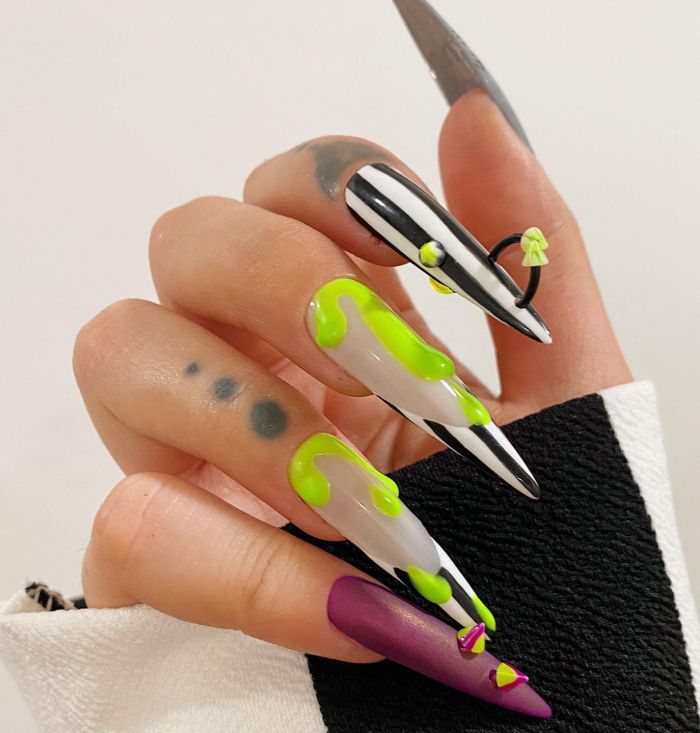 Long Stiletto Beetlejuice Nail Art Design