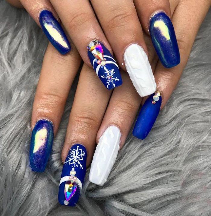 Long Squoval Blue Christmas Nail