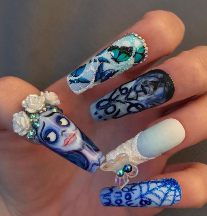 Long Coffin Corpse Bride Nail Art Design