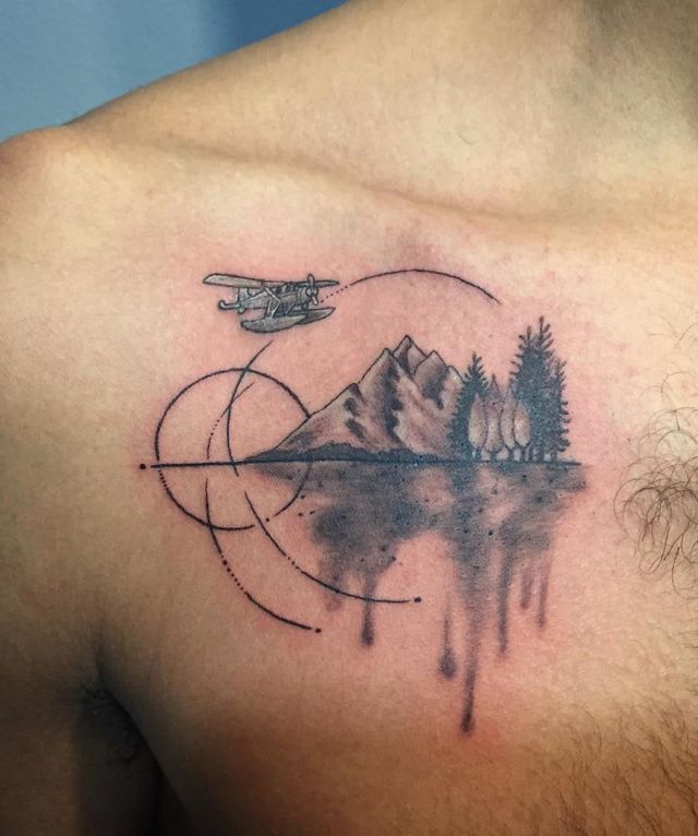 Landscape Seaplane Tattoo on Chest