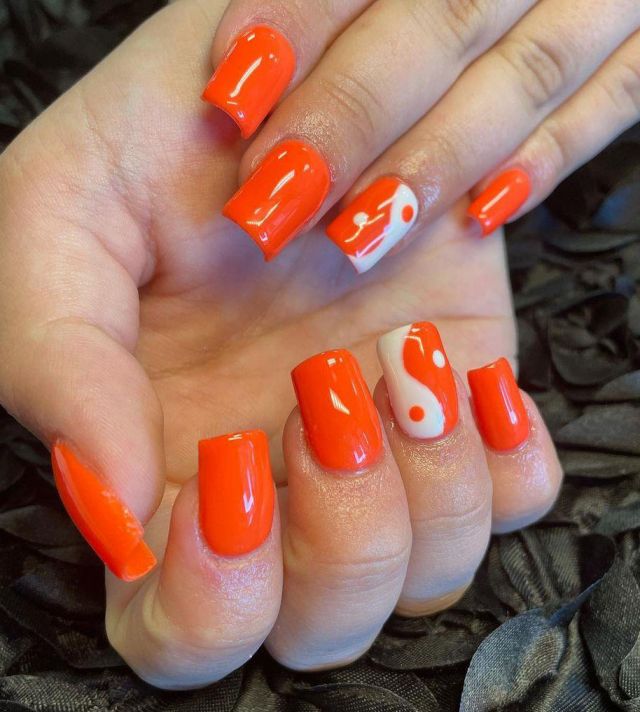 Square Orange Yin Yang Nail Art