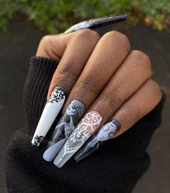 Long Coffin Black and White Corpse Bride Nail Art Design