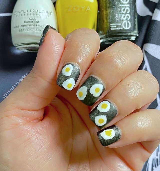 Black Matte Squoval Fried Egg Nail Art