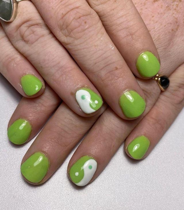 Short Rounded Grass Green Yin Yang Nail Art Design