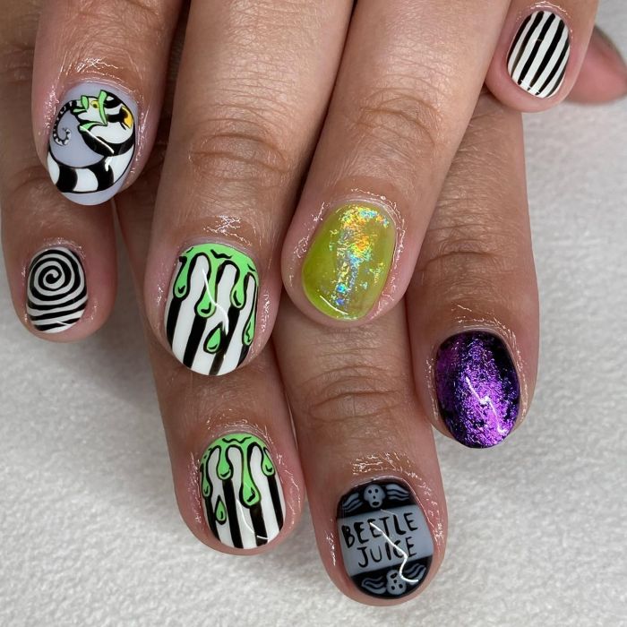 Rounded Beetlejuice Nail Art