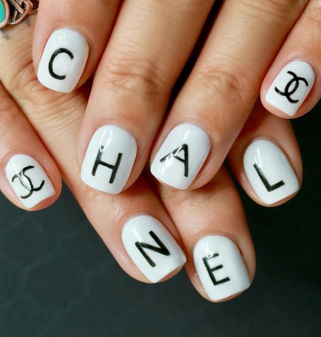 White Squoval Chanel Nail Art
