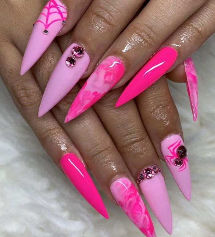 Pink Stiletto Spider Nail Art Design