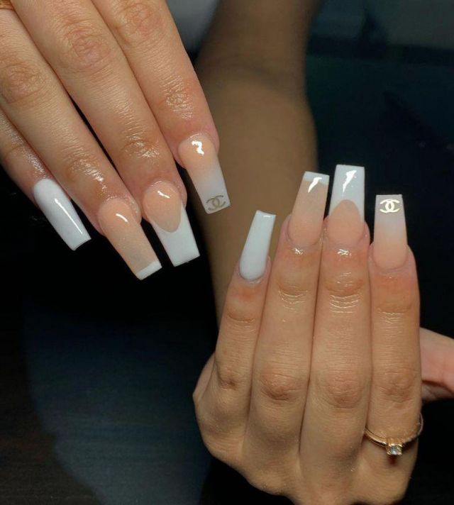 White Ombre Coffin Chanel Nails