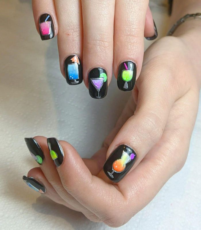 Black Squoval Cocktail Nail Art Design