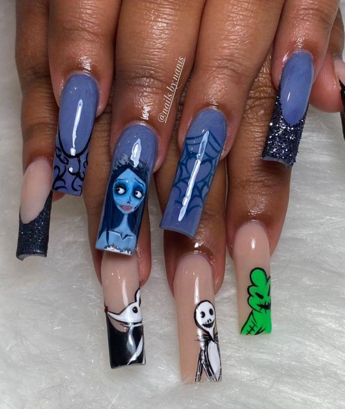 Unique Long Square Corpse Bride Nail Art