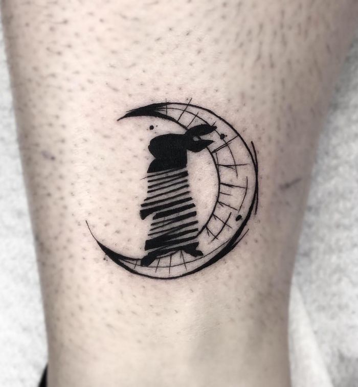Black and White Moon Rabbit Tattoo on Leg