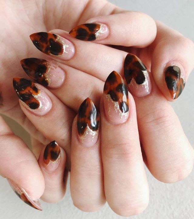 Almond Gold Foil Tortoise Shell Nail Art