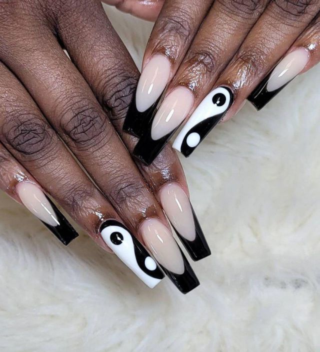 Coffin Black Yin Yang Nail Art Design