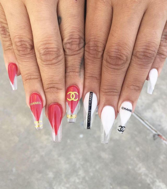 Red and White Coffin Chanel Nails