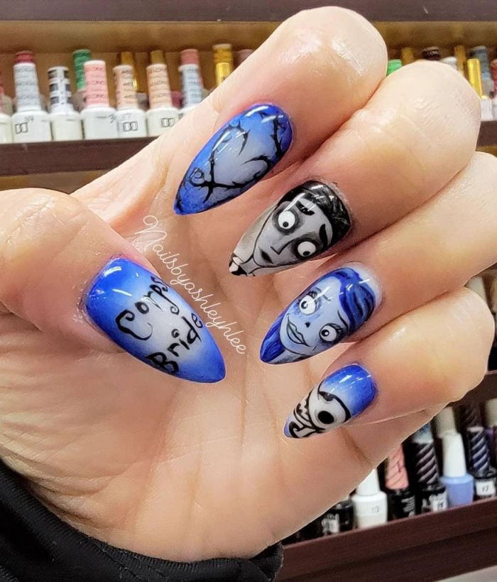 Blue Almond Corpse Bride Nail Art