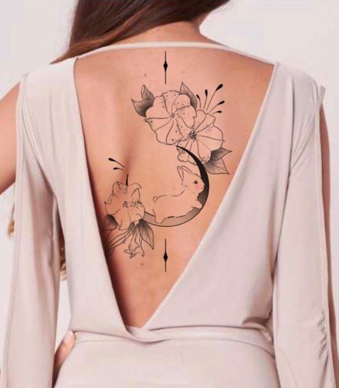 Cute Moon Rabbit Tattoo with Flower on Back