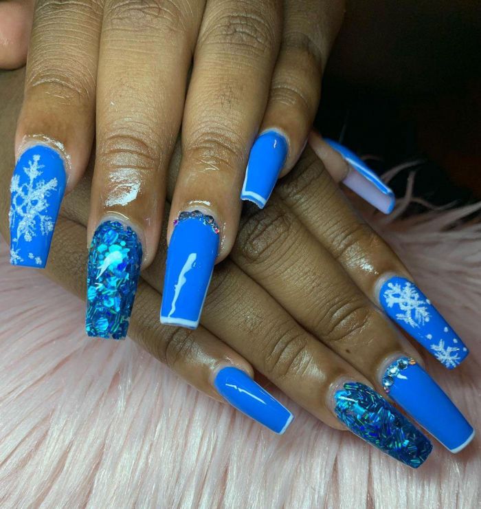 Long Coffin Blue Snowflake Nail Art