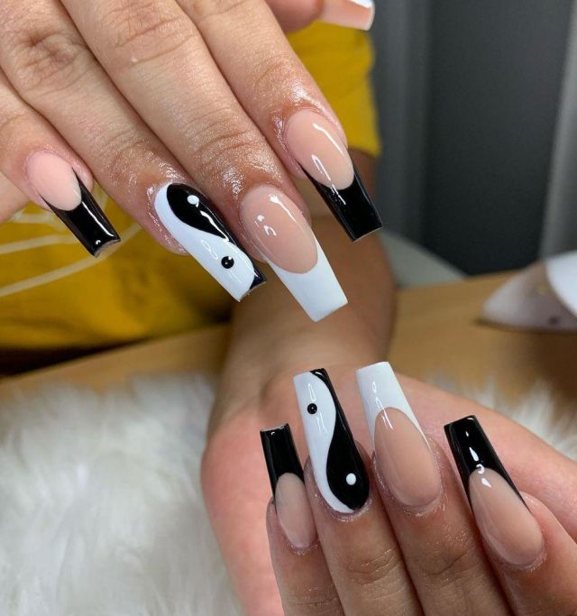 Long Coffin Yin Yang Nail Art Design