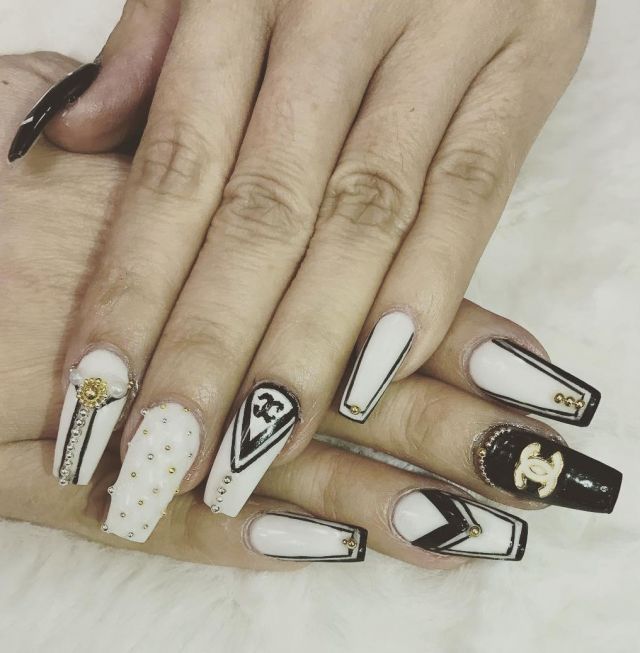 Black and White Coffin Chanel Nails