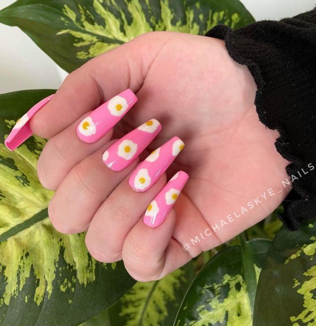 Pink Coffin Fried Egg Nails