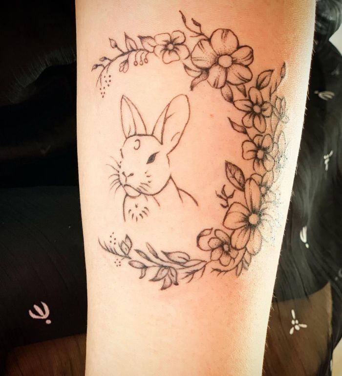 Gorgeous Flower Moon Rabbit Tattoo on Arm