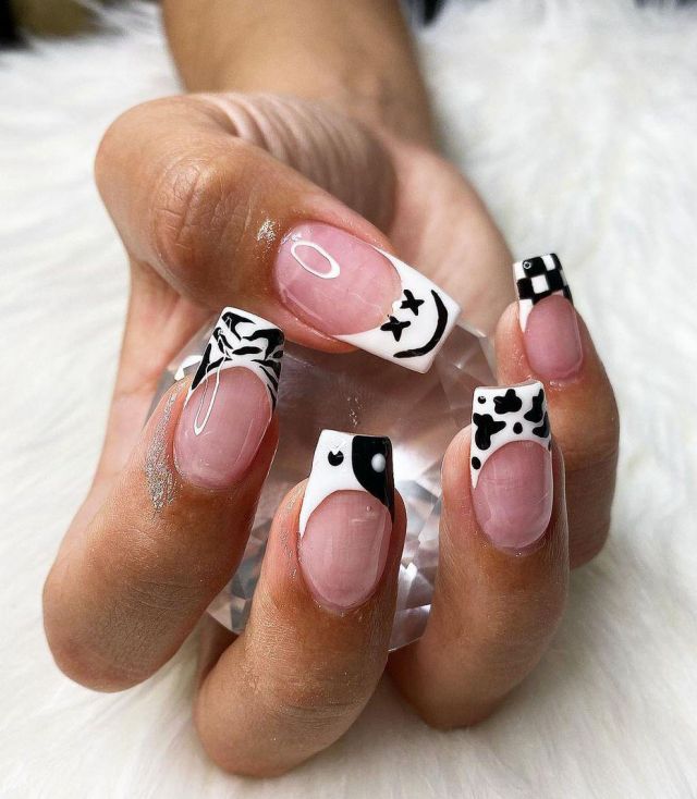 Short Coffin French Tip Yin Yang Nail Art Design