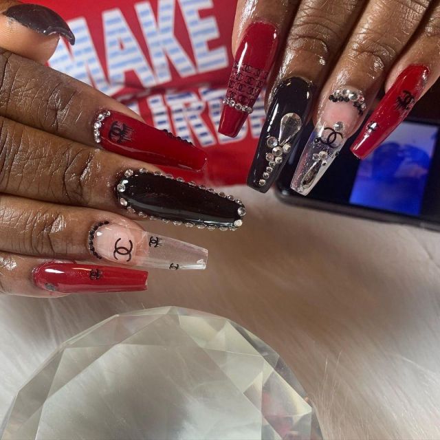 Black and Red Coffin Chanel Nails