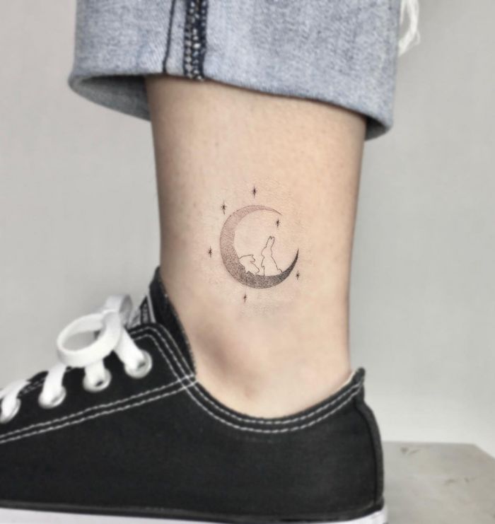 Small Moon Rabbit Tattoo on Ankle