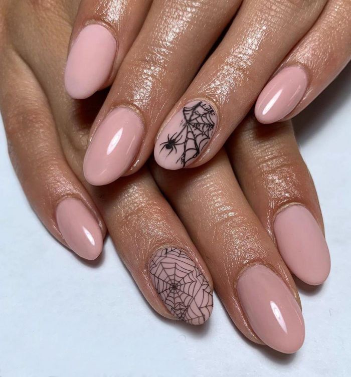 Beautiful Beige Oval Spider Nail Art