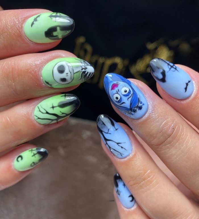 Oval Corpse Bride Nail Art Design