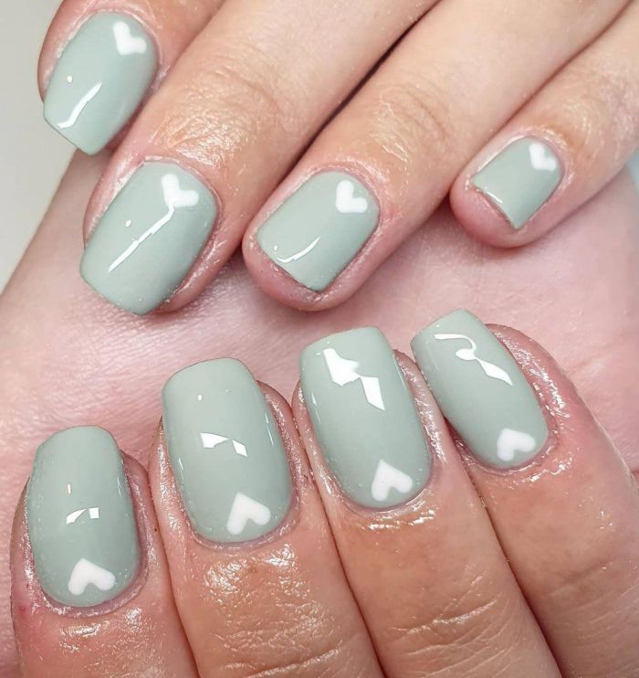 Squoval Sage Green Nail with Heart
