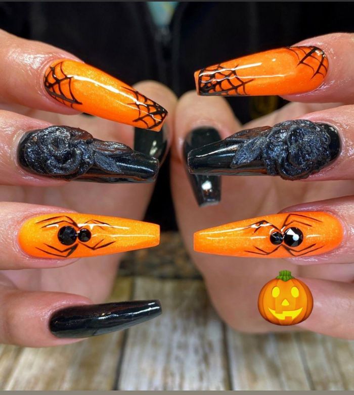 Long Coffin Orange Spider Nail Art